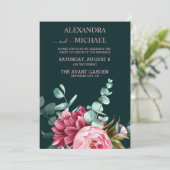 Emerald Green Waterverf Burgundy Flowers Wedding Kaart (Staand voorkant)