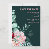 Emerald Green Waterverf Burgundy Flowers Wedding Save The Date (Voorkant)