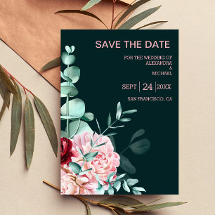 Emerald Green Waterverf Burgundy Flowers Wedding Save The Date