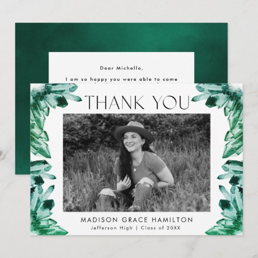 Emerald Green Waterverf Crystals Foto Afstuderen Bedankkaart (Voorkant / Achterkant)