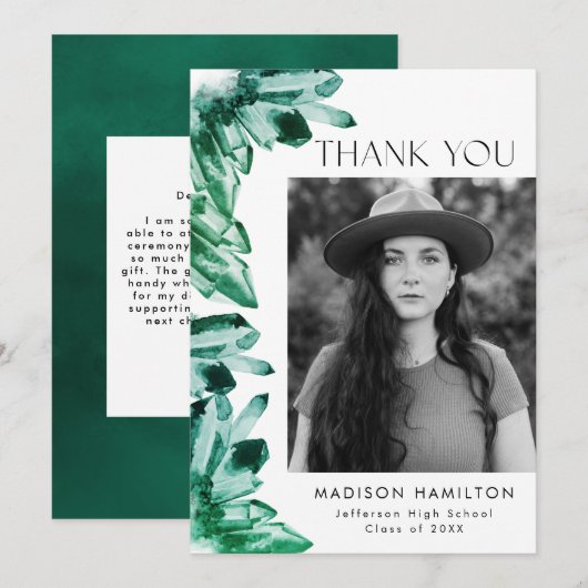 Emerald Green Waterverf Crystals Foto Afstuderen Bedankkaart (Voorkant / Achterkant)