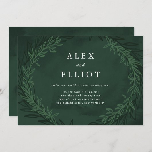 Emerald Green Waterverf Dramatische Laurels Weddin Kaart (Voorkant / Achterkant)