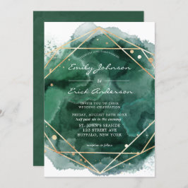 Emerald Green Waterverf Gold Geometric Wedding Kaart