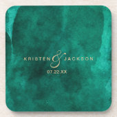 Emerald Green Waterverf & Gold Wedding Monogram Bier Onderzetter (Voorkant)