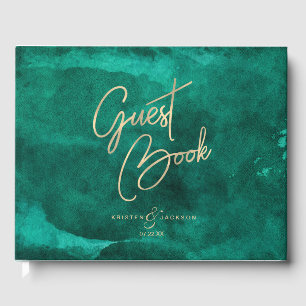 Emerald Green Waterverf & Gold Wedding Monogram Gastenboek