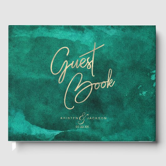 Emerald Green Waterverf & Gold Wedding Monogram Gastenboek (Voorkant)