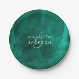 Emerald Green Waterverf & Gold Wedding Monogram Papieren Bordje