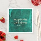 Emerald Green Waterverf & Gold Wedding Monogram Servet (Insitu)