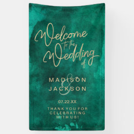 Emerald Green Waterverf & Gold Wedding Welkom Spandoek
