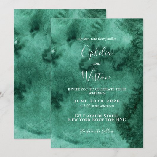 Emerald Green Waterverf Modern Elegant Wedding Kaart (Voorkant / Achterkant)