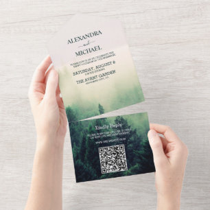 Emerald Green Waterverf Pine Tree Wedding All In One Uitnodiging