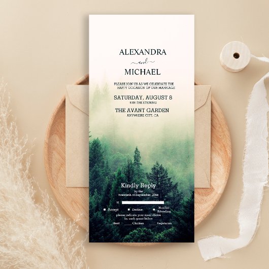 Emerald Green Waterverf Pine Tree Wedding All In One Uitnodiging