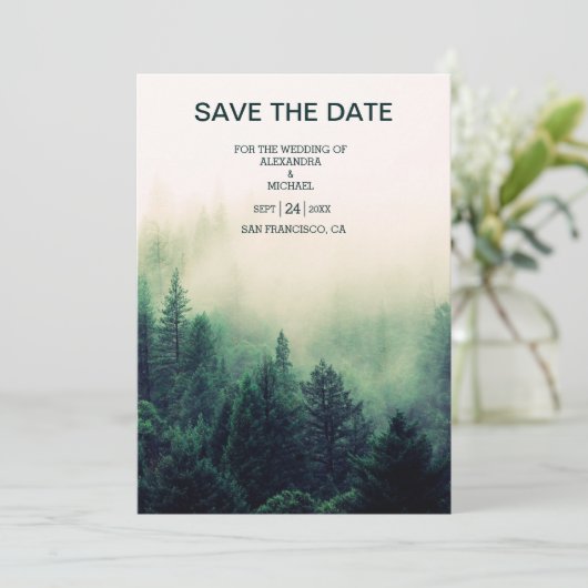 Emerald Green Waterverf Pine Tree Wedding Save The Date (Staand voorkant)