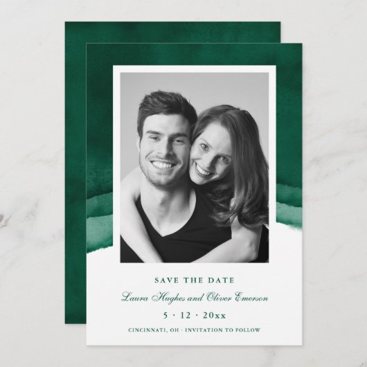 Emerald Green Waterverf Wedding Save the Date Kaart (Voorkant / Achterkant)
