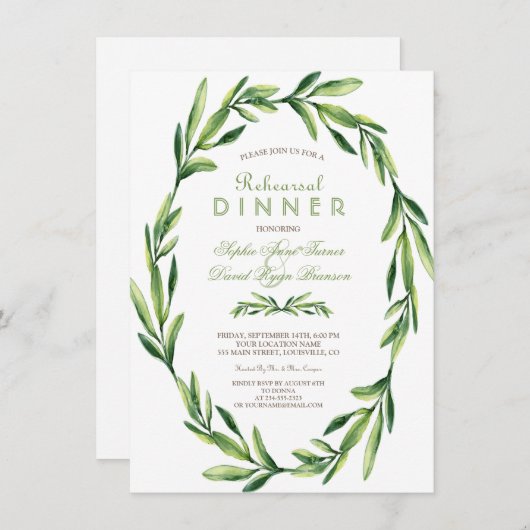 Emerald Green Waterverf Wreath Rehearsal Dinner Kaart (Voorkant / Achterkant)