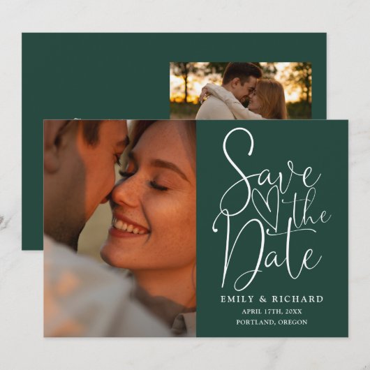 Emerald Green Wedding 2 Foto Elegant Script Save The Date (Voorkant / Achterkant)