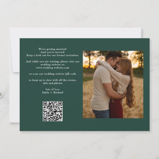 Emerald Green Wedding 2 Foto QR Code Script Save The Date (Achterkant)