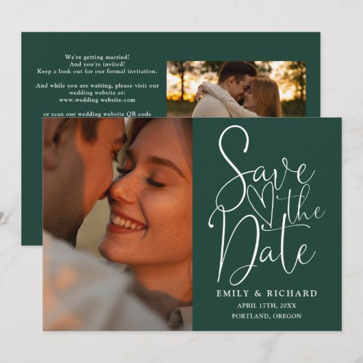 Emerald Green Wedding 2 Foto QR Code Script Save The Date (Voorkant / Achterkant)