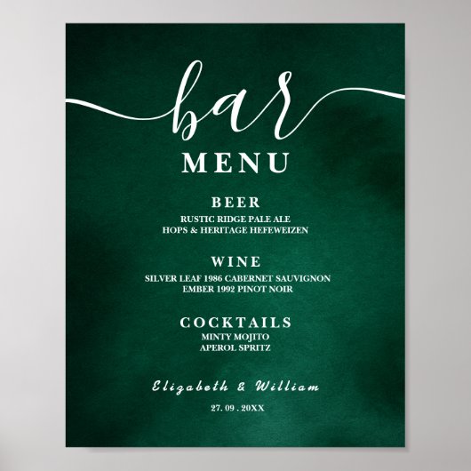 Emerald Green Wedding Bar Menu Poster (Voorkant)