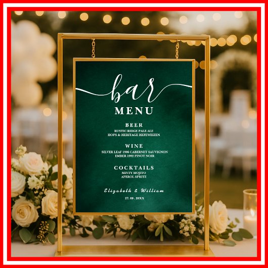 Emerald Green Wedding Bar Menu Poster