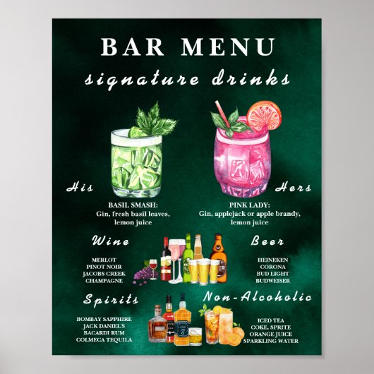  Emerald Green Wedding Bar Menu  Poster (Voorkant)
