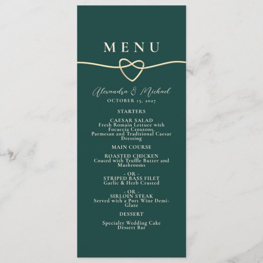 Emerald Green Wedding Dinner Menu Kaart (Voorkant)