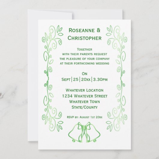 Emerald Green Wedding Invitation Bells Scrollwork Kaart (Voorkant)