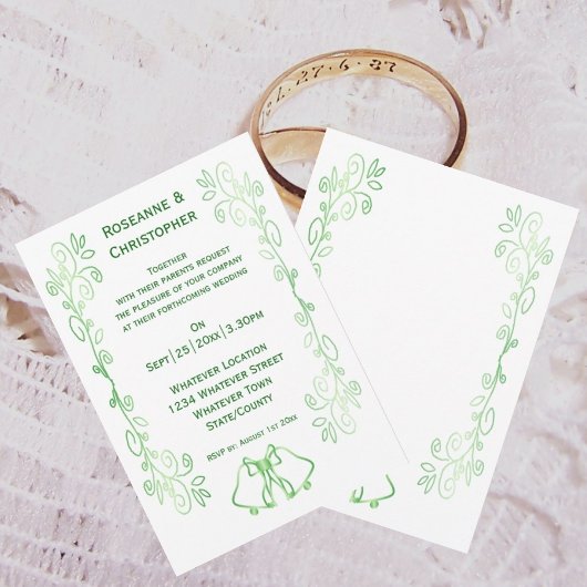 Emerald Green Wedding Invitation Bells Scrollwork Kaart