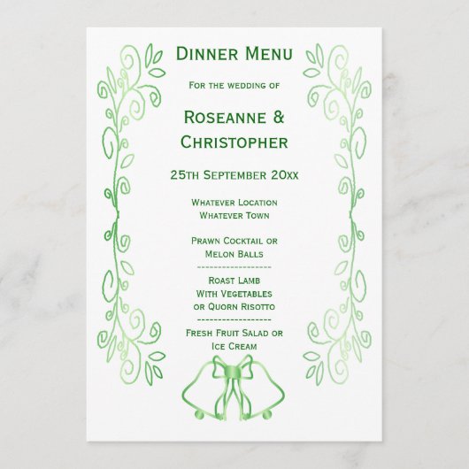 Emerald Green Wedding Menu Kaart Bells Scrollwork (Voorkant)