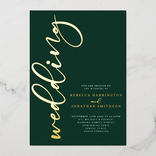 Emerald Green Wedding Minimal Elegant Goud Folie Uitnodiging (Voorkant)