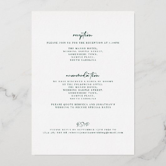 Emerald Green Wedding Minimal Elegant Goud Folie Uitnodiging (Achterkant)