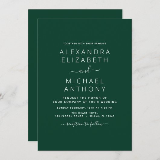 Emerald Green Wedding Modern Typography Invitation Kaart (Voorkant / Achterkant)