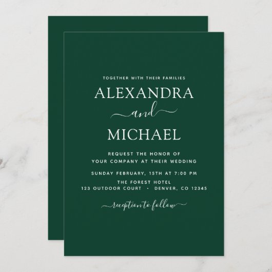Emerald Green Wedding Modern Typography Invitation Kaart (Voorkant / Achterkant)
