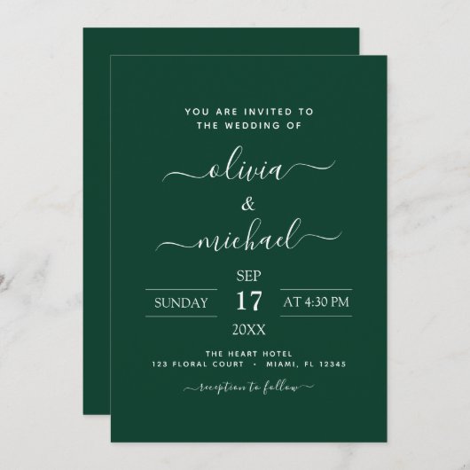 Emerald Green Wedding Modern Typography Invitation Kaart (Voorkant / Achterkant)