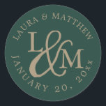 Emerald Green Wedding Monogram Ronde Sticker<br><div class="desc">Trouwfunctie Uw initialen werkten in een monogram ontwerp,  vergezeld door een decoratief script ampersand. Je namen en trouwdatum verschijnen in witte letters,  gebogen rond de buitenkant.</div>