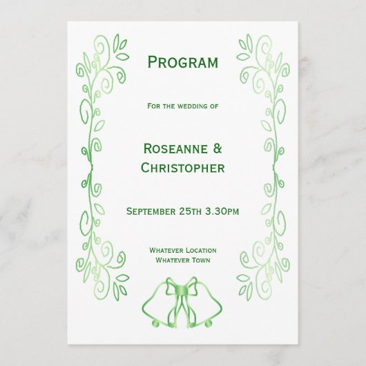 Emerald Green Wedding Program Bells ScrollWork Programmakaart (Voorkant)