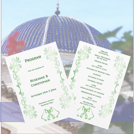 Emerald Green Wedding Program Bells ScrollWork Programmakaart