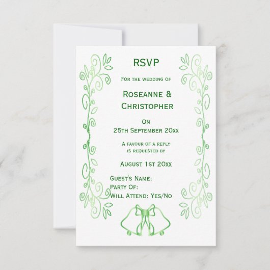 Emerald Green Wedding RSVP Kaart Bells Scrollwork (Voorkant)