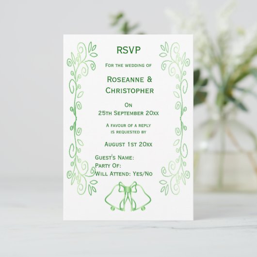Emerald Green Wedding RSVP Kaart Bells Scrollwork (Staand voorkant)