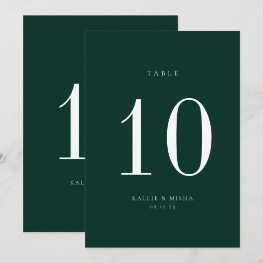 Emerald Green Wedding Table Number Kaart (Voorkant / Achterkant)