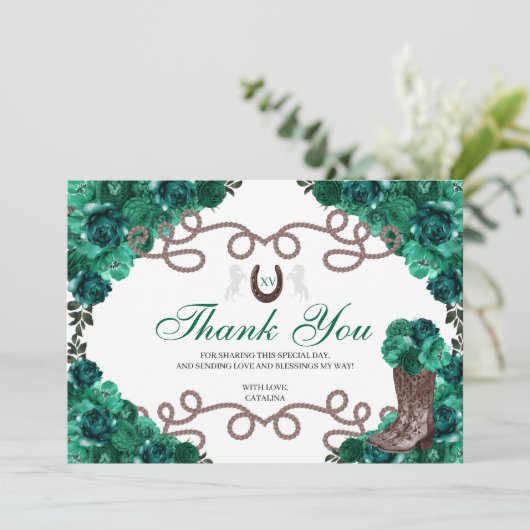 Emerald Green Western Horse Quinceanera Dank u Bedankkaart (Staand voorkant)