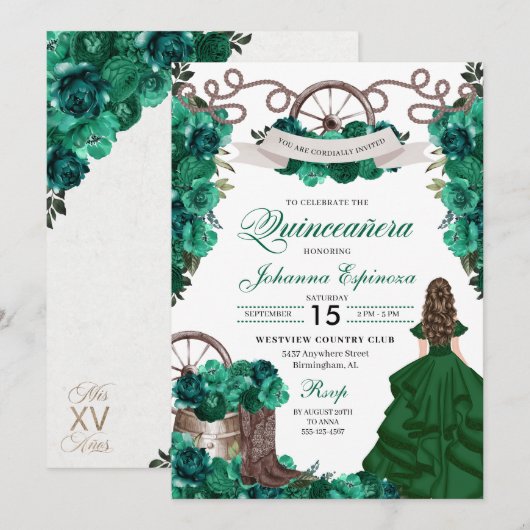 Emerald Green Western Ranchero Quinceanera Kaart (Voorkant / Achterkant)