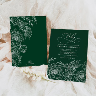 Emerald Green White Botanical Floral Baby shower Kaart