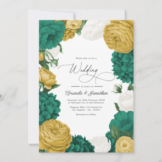 Emerald Green, White & Gold Floral Wedding Kaart (Voorkant)