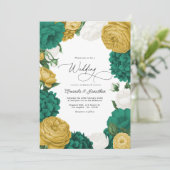 Emerald Green, White & Gold Floral Wedding Kaart (Staand voorkant)