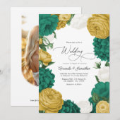 Emerald Green, White & Gold Floral Wedding Kaart (Voorkant / Achterkant)