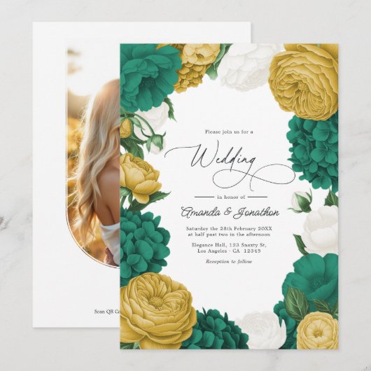 Emerald Green, White & Gold Floral Wedding Kaart (Voorkant / Achterkant)
