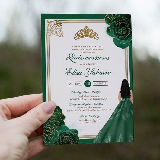 Emerald Green White Gold Rozen Royal Quinceanera Kaart