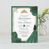 Emerald Green White Gold Rozen Royal Quinceanera Kaart (Staand voorkant)