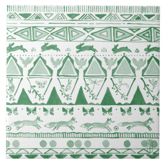 Emerald Green White Ikat Woodland Animal Pattern Tegeltje (Voorkant)